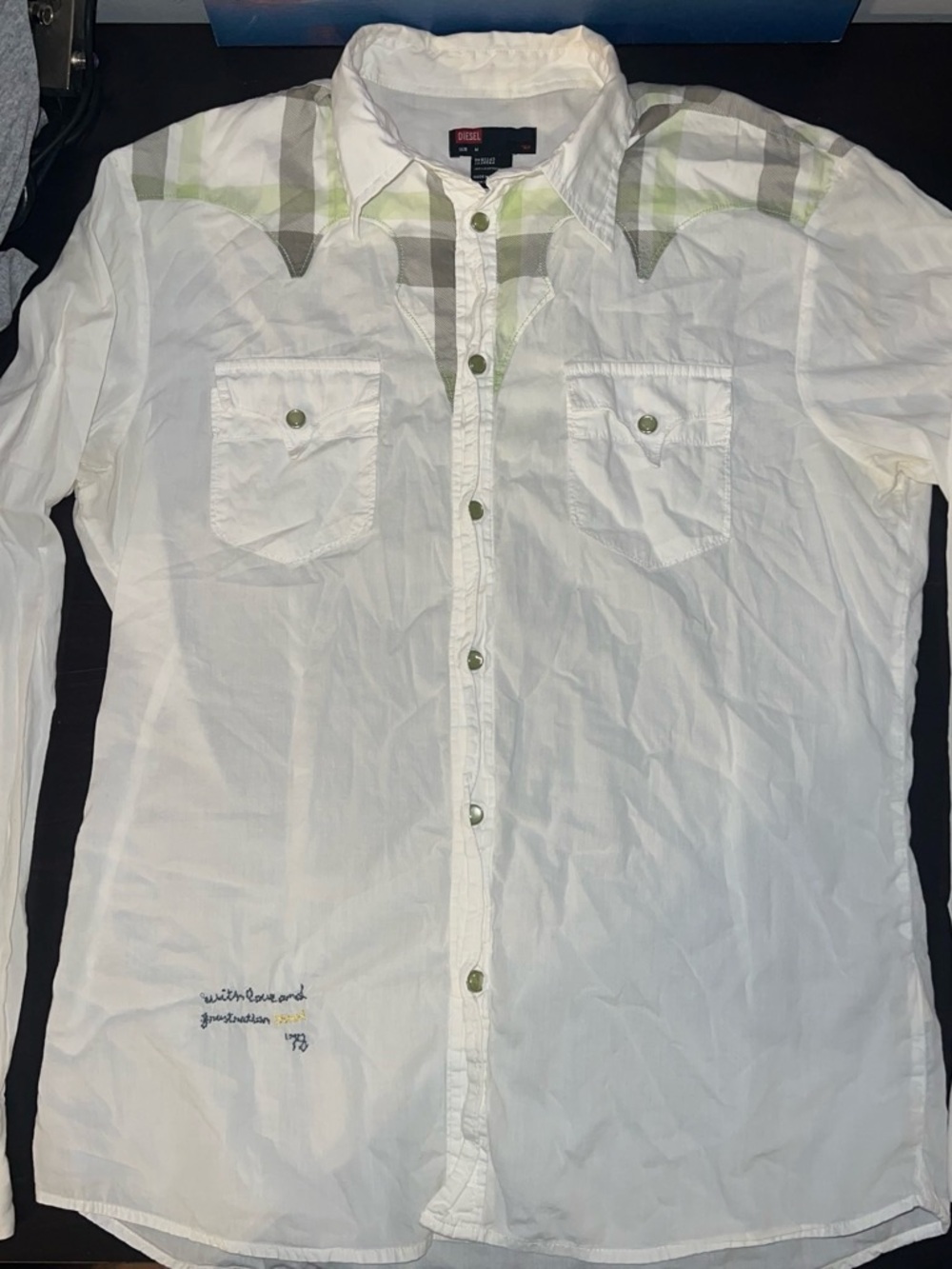 Vintage Diesel Men's White Button-Down Shirt with Subtle Plaid Accents